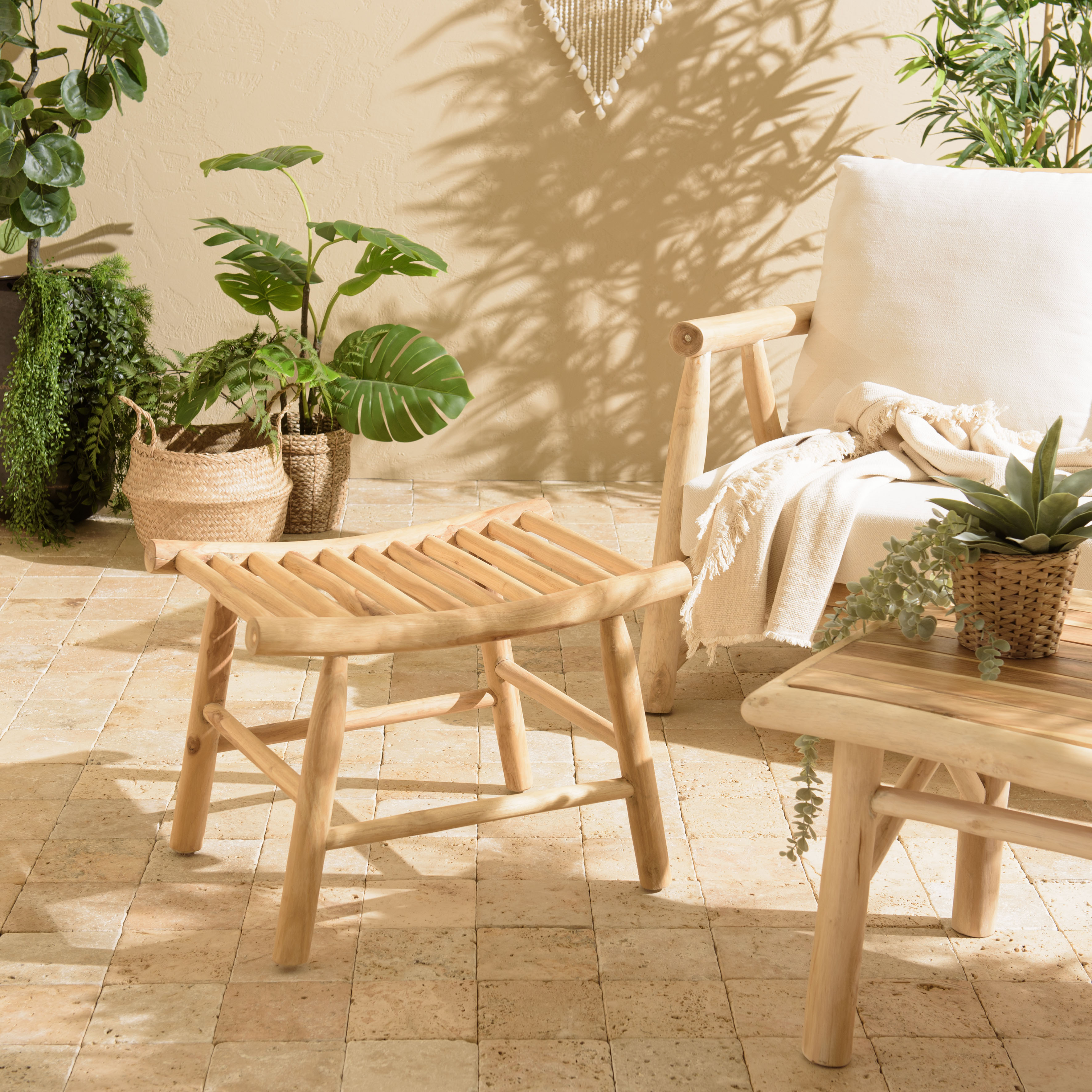 Tabouret rondins de teck naturel assise ajourée MANAK